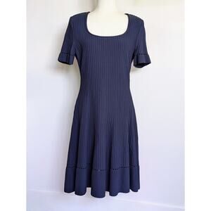 St. John Ottoman Knit Dress 10 Navy Fit Flare Knee Length Textured Short Sleeve